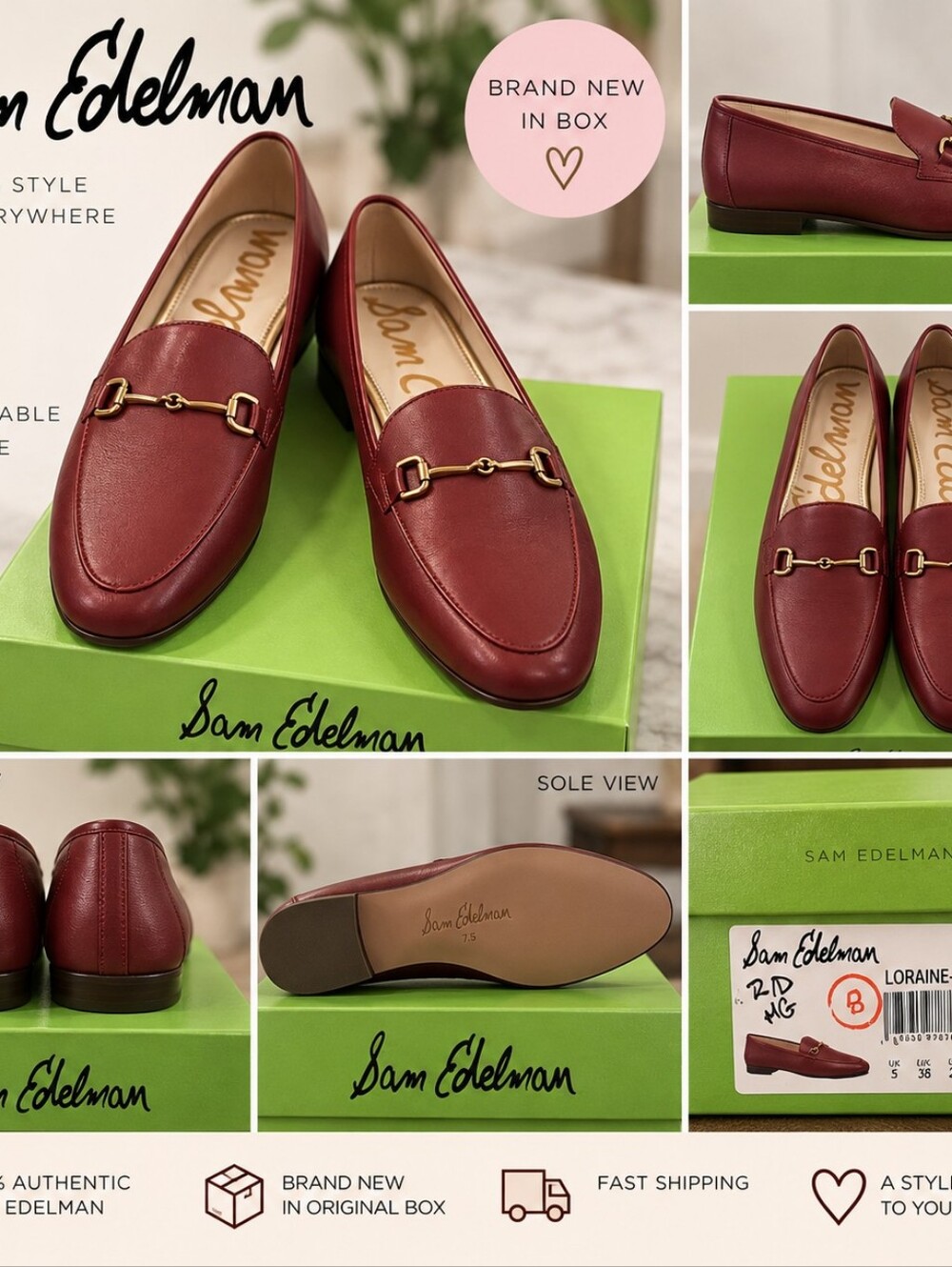 NIB Sam Edelman Burgundy Leather Loafers with Gold Horsebit